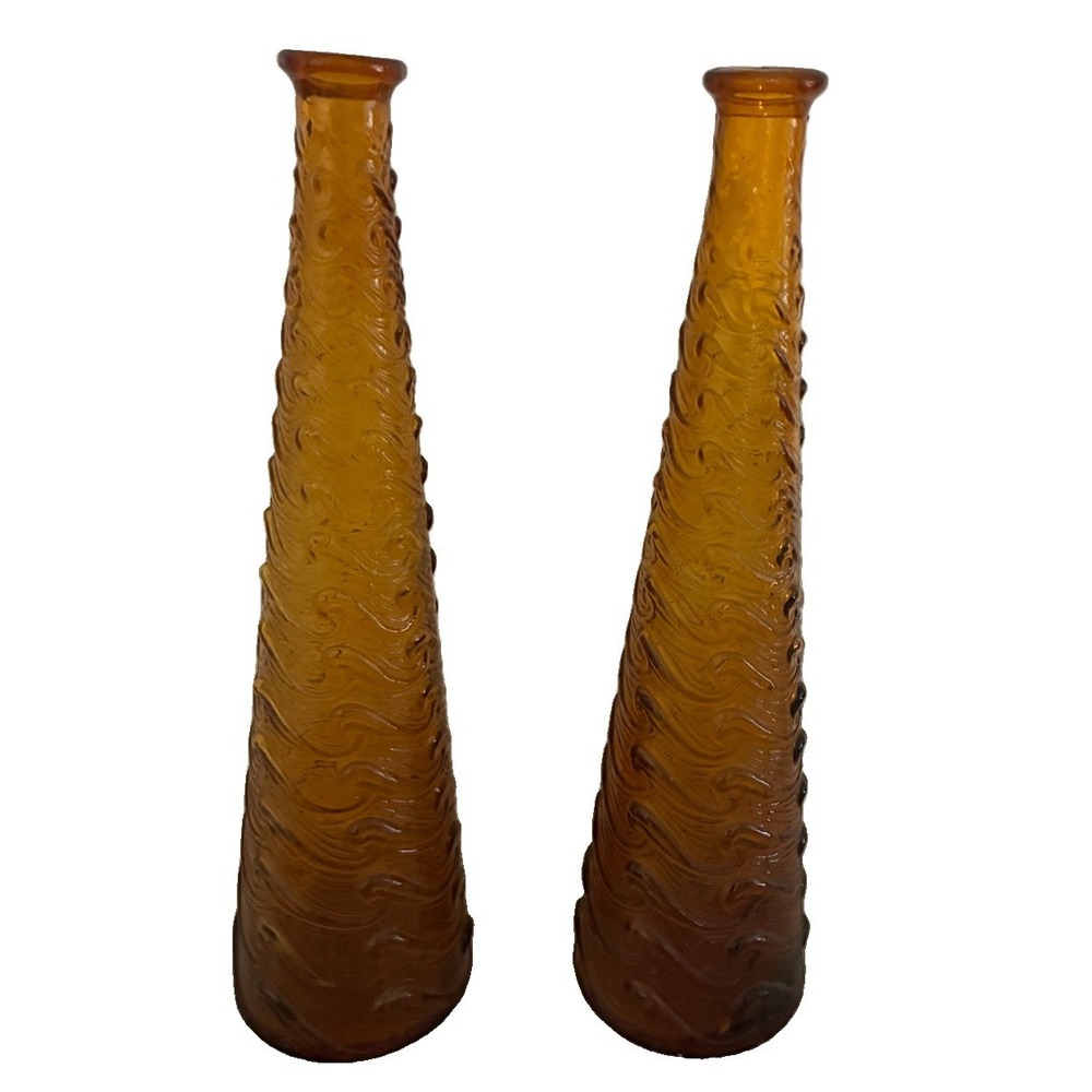 Vintage Empoli Amber Glass Genie Bottle Decanter Wave Pattern Italy 15.5" (2)